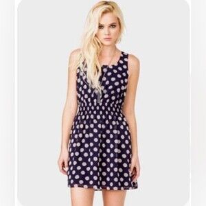 Navy and mocha polka dot smocked waist dress size small
